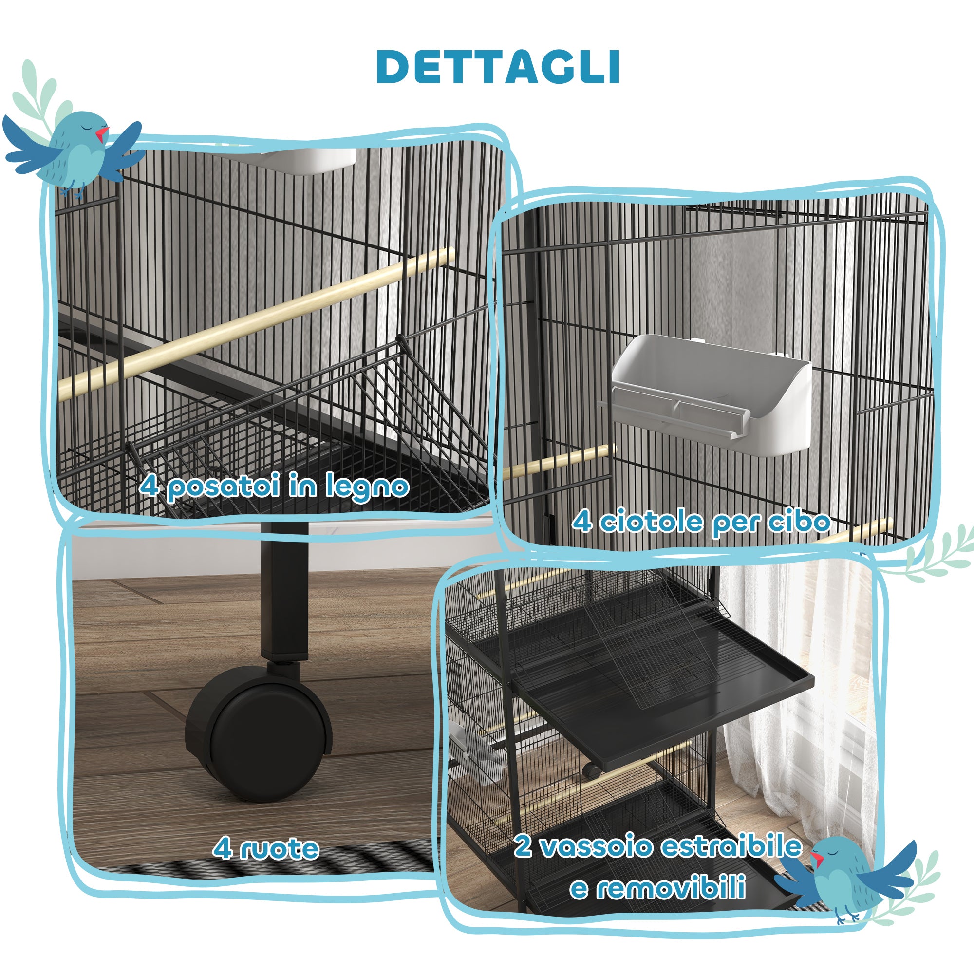 PawHut Wheeled Bird Aviary with Removable Plastic Trays and Perches, Metal, 71.8 x 71.8 x 170.2 cm, Black