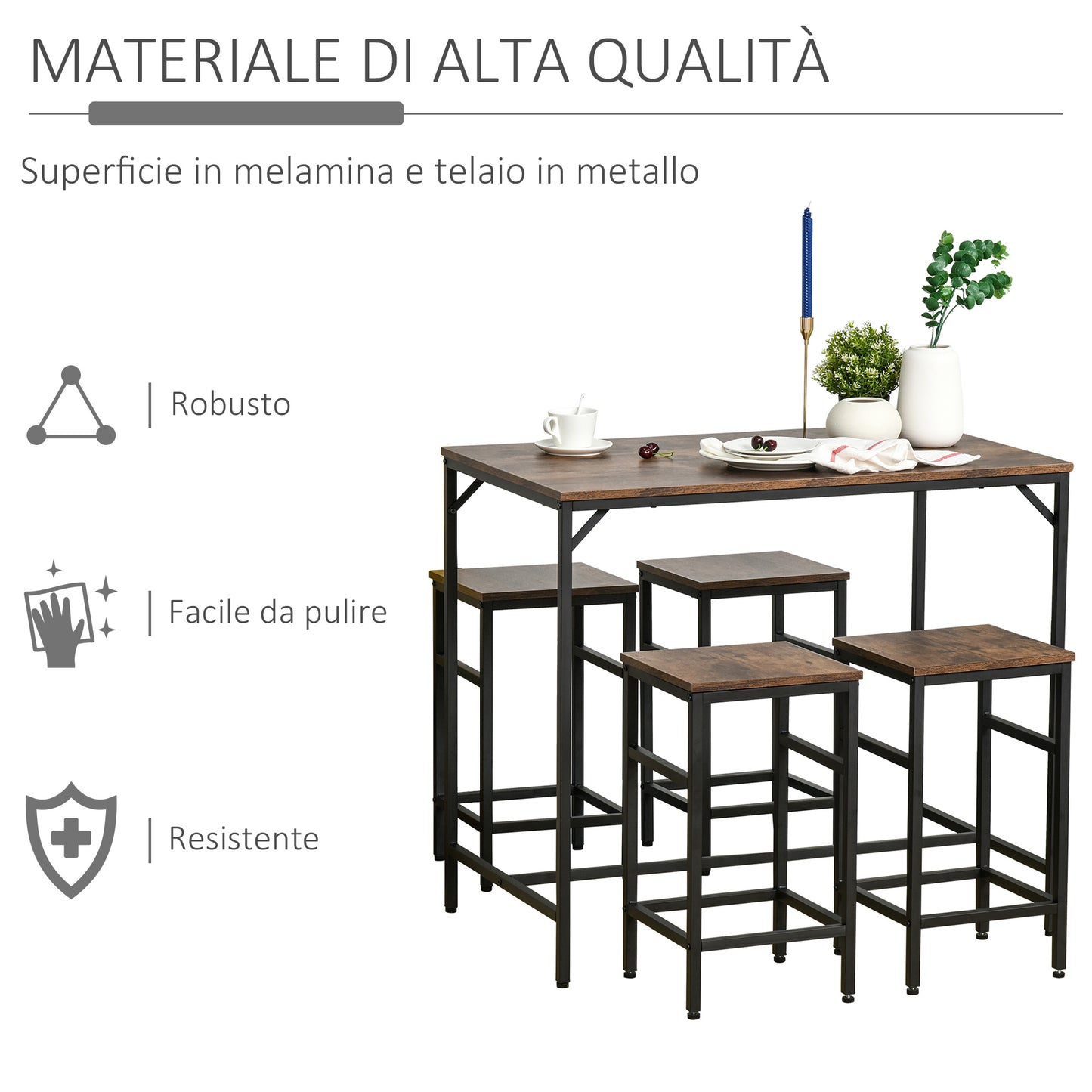 Industrial Style High Table Set with 4 Stools in Metal and Wood, Modern Living Room and Kitchen Furniture, Rustic Brown