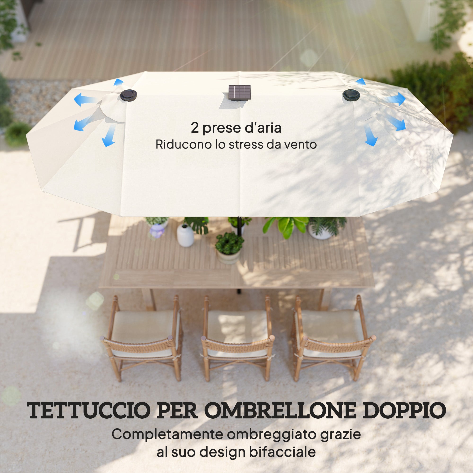 Outsunny Double Umbrella with LED Lights and Crank Handle, in Polyester and Steel, 2.92 x 1.5 x 2.2 m, Beige