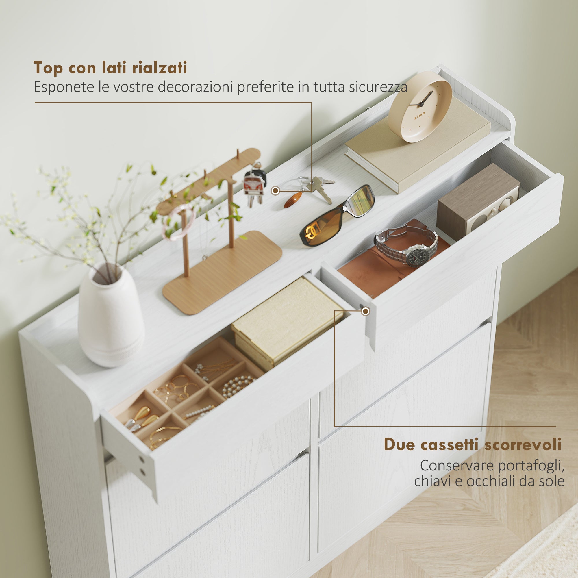 Slim Wooden Shoe Rack with 4 Flap Drawers and 2 Sliding Drawers, 98x19.2x95.3 cm, White