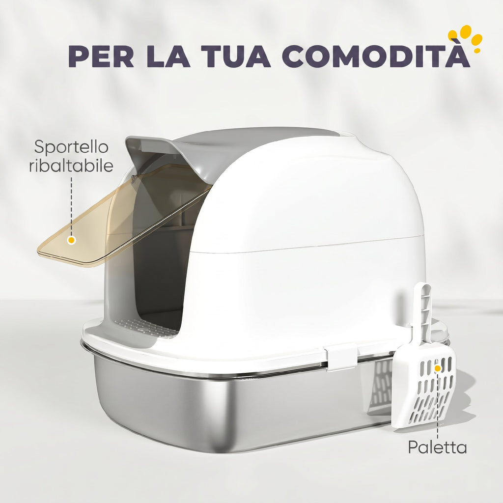 PawHut XL Stainless Steel Enclosed Cat Litter Box with Lift-Off Lid, Scoop, Deodorant Pack, White