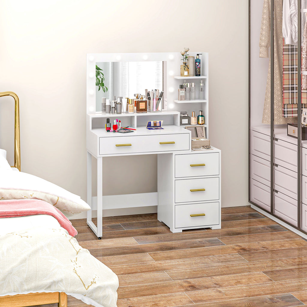 HOMCOM Wooden Makeup Table with 4 Drawers, 6 Open Shelves and Mirror, 100x40x138 cm, White - Borgè