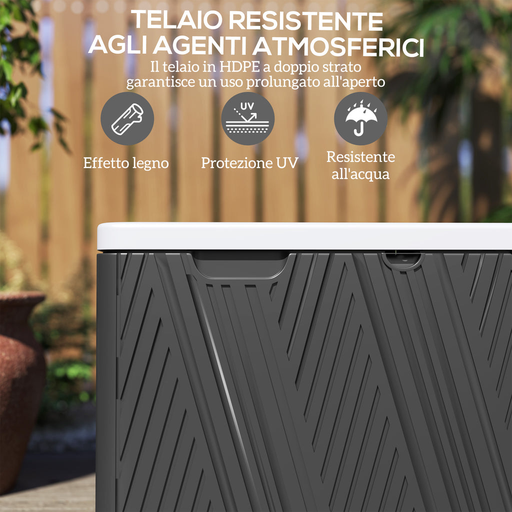 380L Storage Bench in HDPE with 2 Side Handles and Gas Lever, 115x60x60 cm, Black and Gray