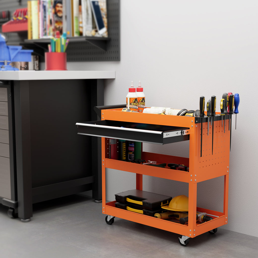 Tool Cart with Side Handle, Drawer and 3 Steel Shelves, 82x35x76 cm, Orange