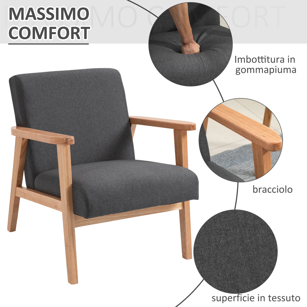 Vintage Style Upholstered Living Room Armchair with Wooden Armrests, 68.5x78.5x75 cm, Dark Grey