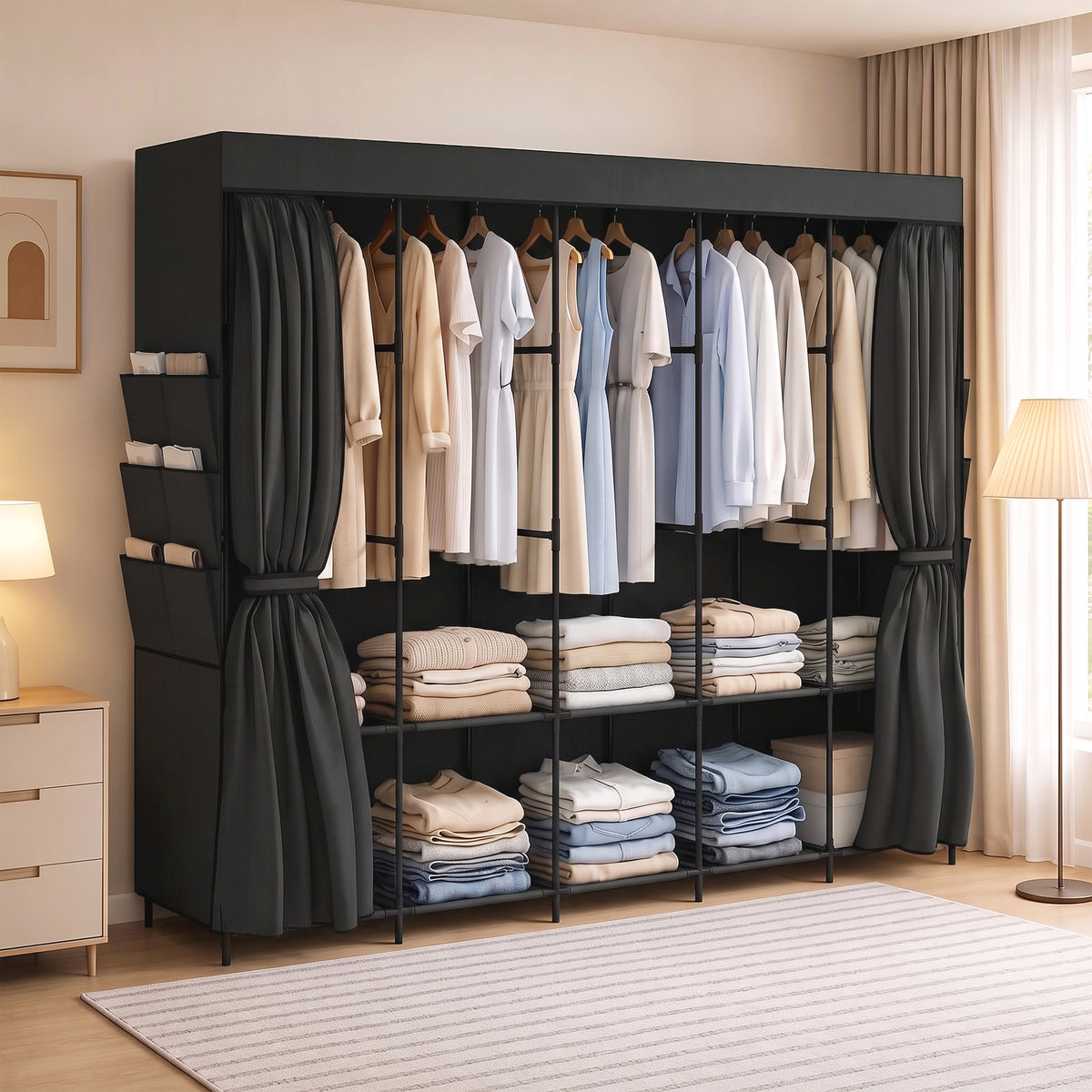 HOMCOM Space-Saving Fabric Wardrobe with 5 Rods, 5 Shelves, 6 Side Pockets, Dustproof Doors with Zip, Black