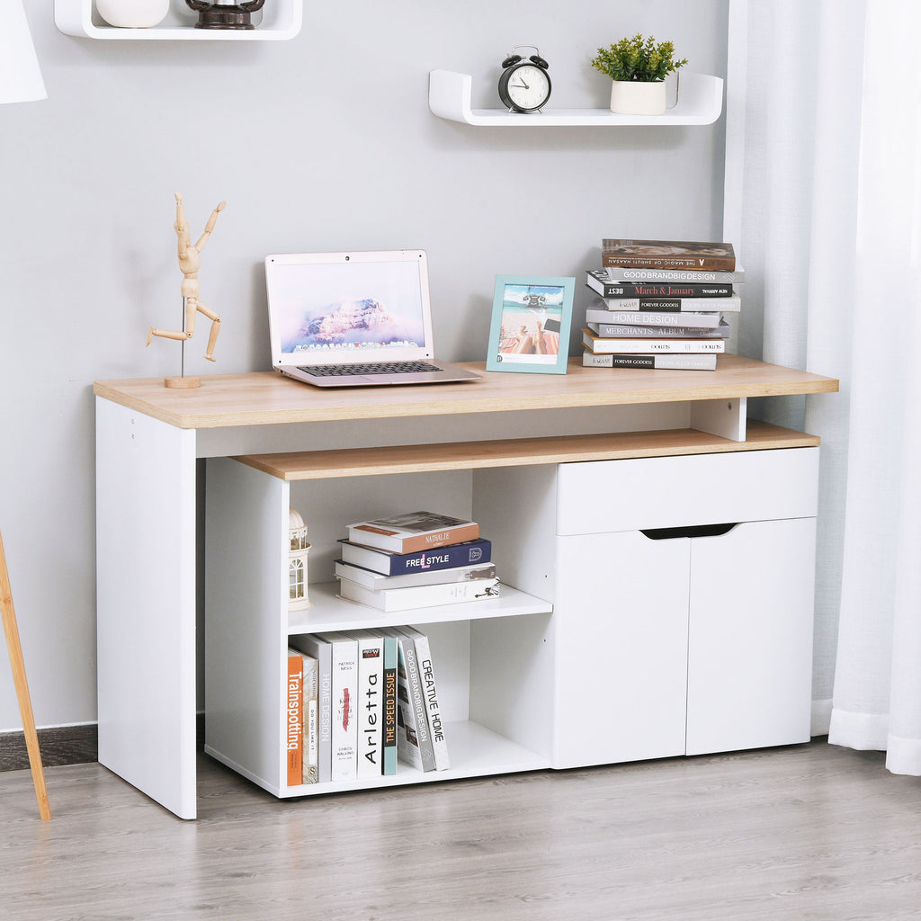 Corner Desk with 2-Tier Bookcase, Cabinet and Drawer, 140x117x76 cm, Wood and White