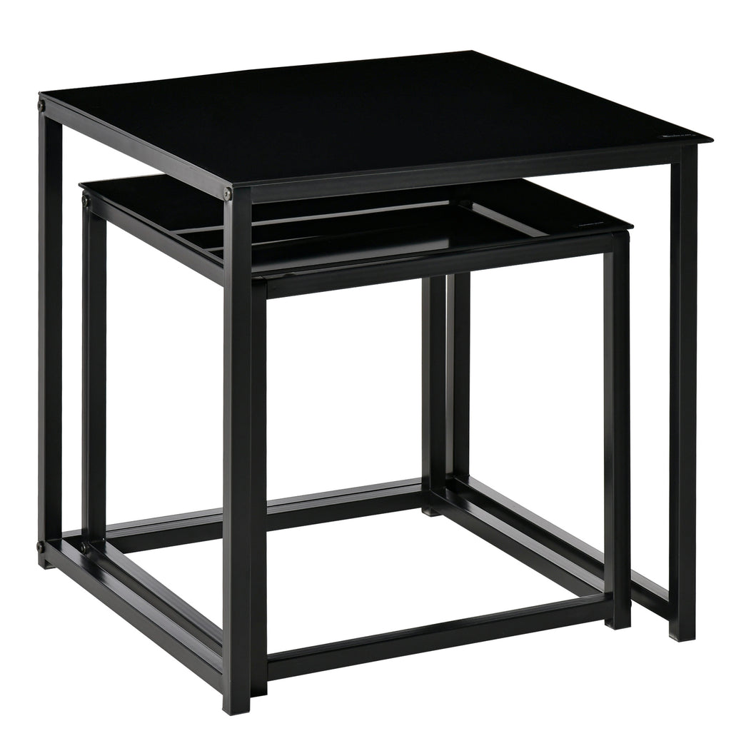 Homcom Set 2 Modern Square Living Room Tables, in steel and tempered glass, black - Borgè