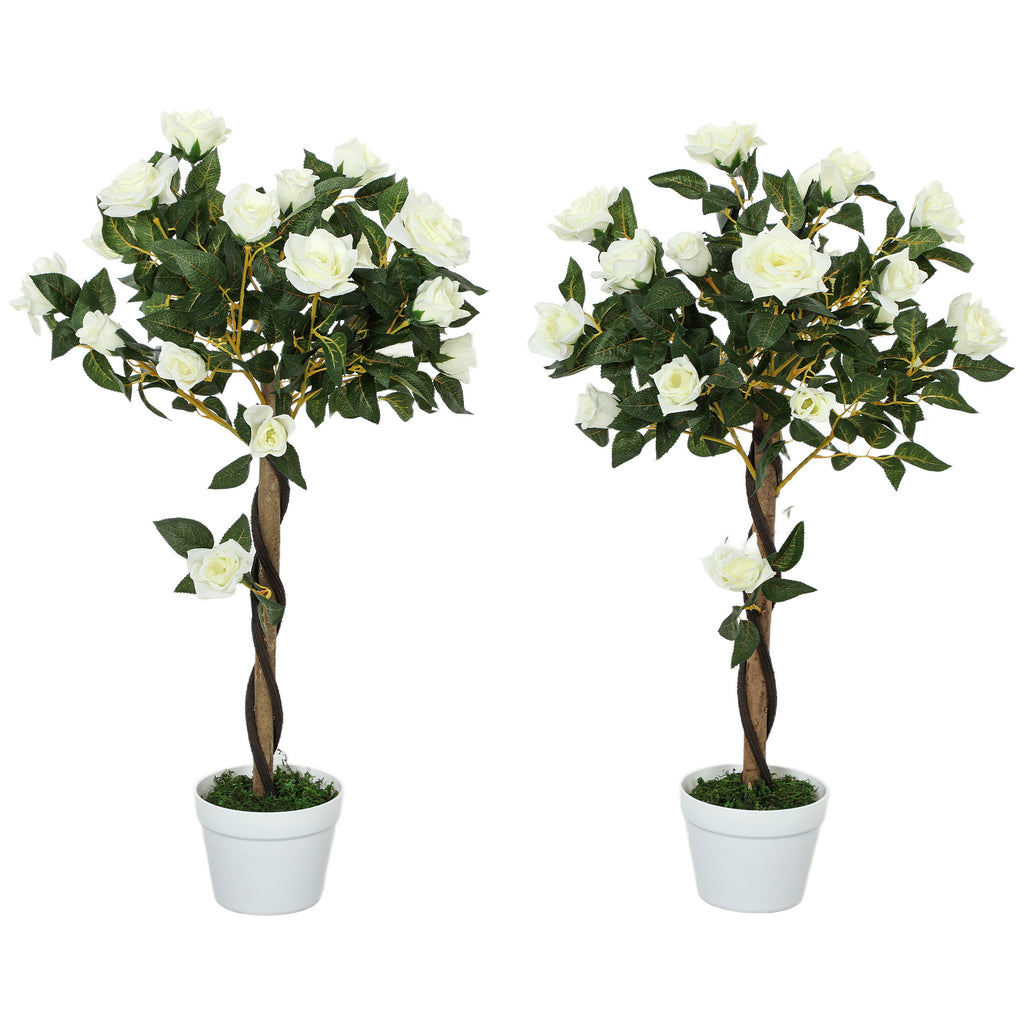 Outsunny 21-Flower Fake Rose Plant with Cement and Moss-Filled Pot, Ø18x90 cm, White