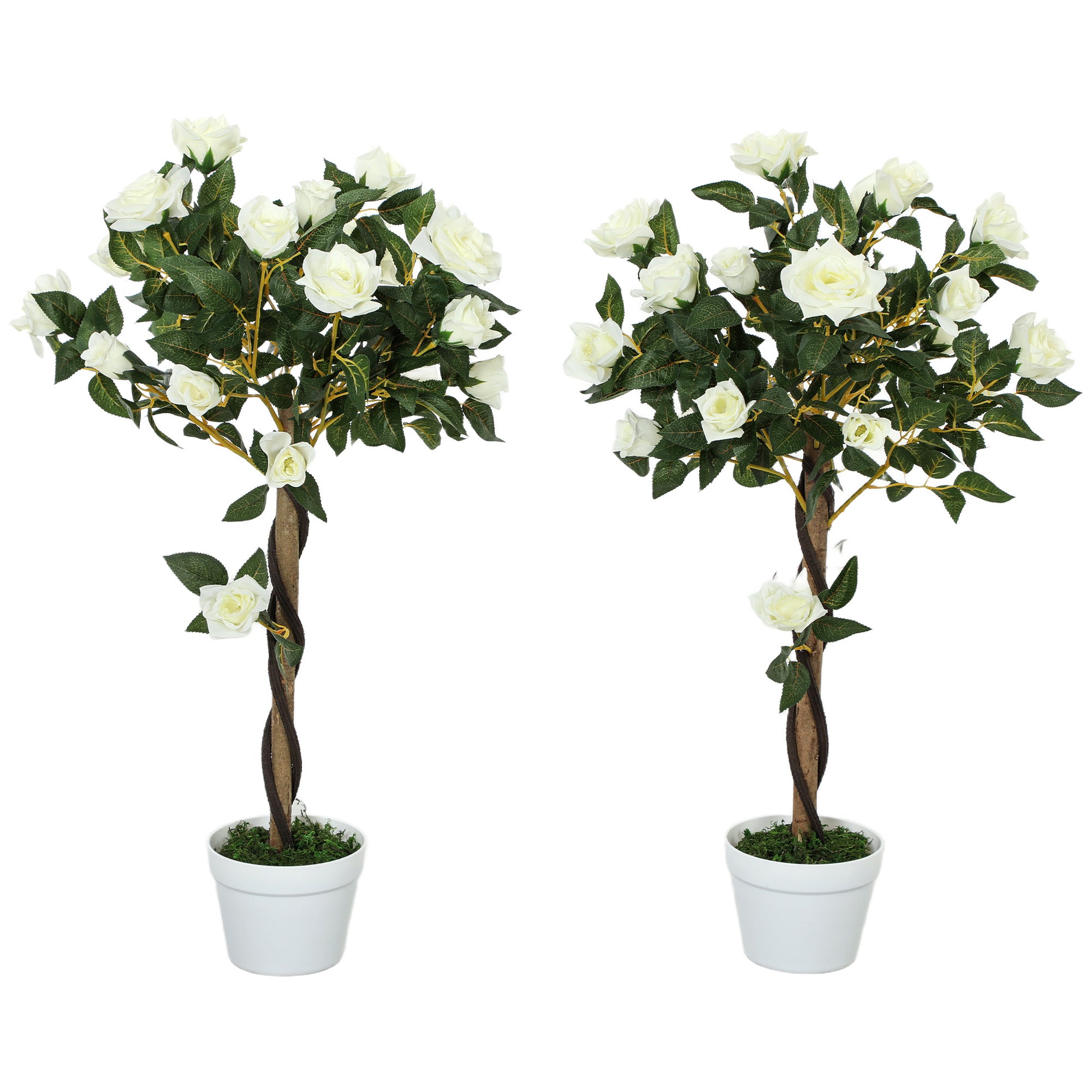 Outsunny 21-Flower Fake Rose Plant with Cement and Moss-Filled Pot, Ø18x90 cm, White