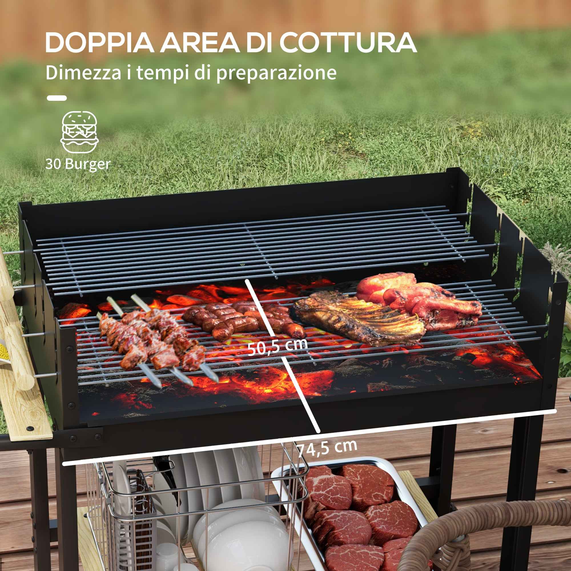 Outsunny Adjustable Height Charcoal Barbecue with 2 Grills and 2 Shelves, Metal and Wood, 113x53.5x82.5 cm, Black