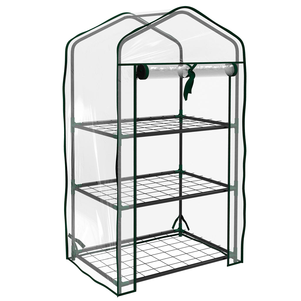 Outsunny Mini Garden Greenhouse with PE Cover, 3 Shelves and Roll-Up Door, 59x39x127 cm, Transparent
