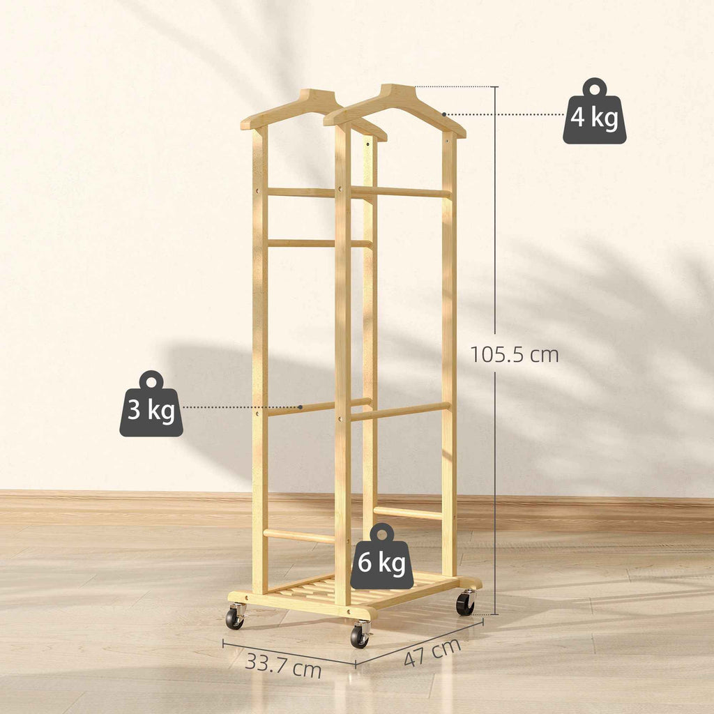 HOMCOM 4-in-1 Bamboo Valet Stand with Wheels, 2 Rods, Empty Pocket Tray and Shoe Shelf, 47 x 33.7 x 105.5 cm