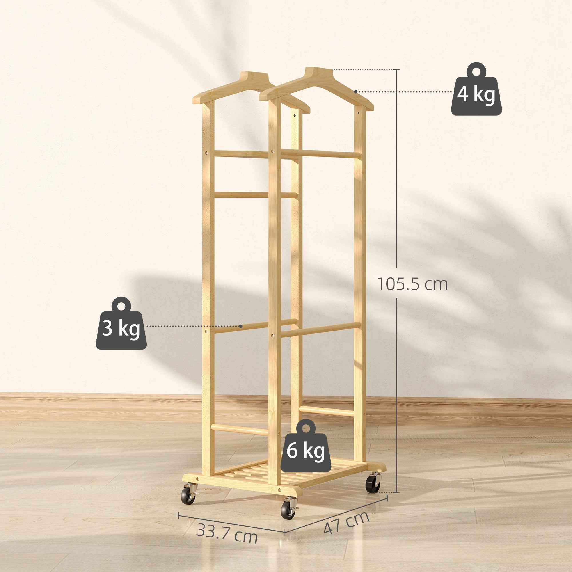 HOMCOM 4-in-1 Bamboo Valet Stand with Wheels, 2 Rods, Empty Pocket Tray and Shoe Shelf, 47 x 33.7 x 105.5 cm