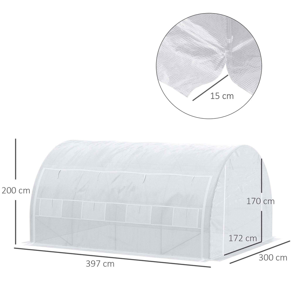Outsunny Tunnel Greenhouse with Door, Panels and 8 Roller Windows, in Galvanized Steel and PE, 3.97x3x2 m, White