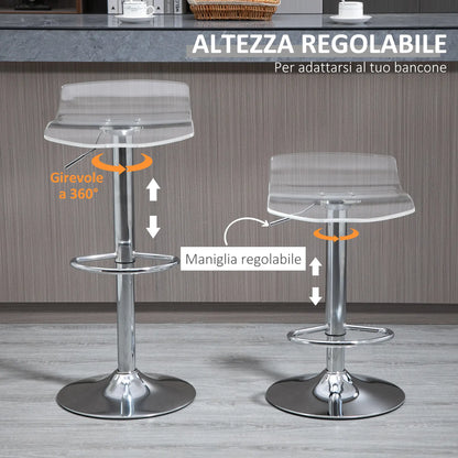 Set of 2 Bar Stools with Adjustable Height, Swivel Seat and Footrest, Metal and Acrylic, Transparent