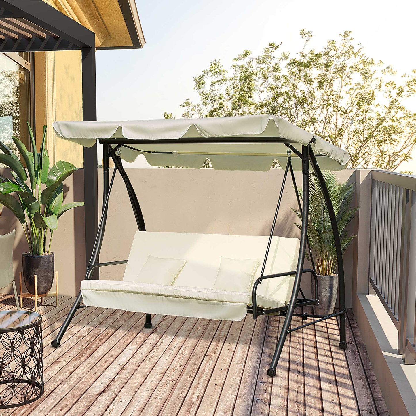 3 Seater Garden Swing Convertible to Bed with Reclining Roof and Cushions, 200x125x170 cm, Cream