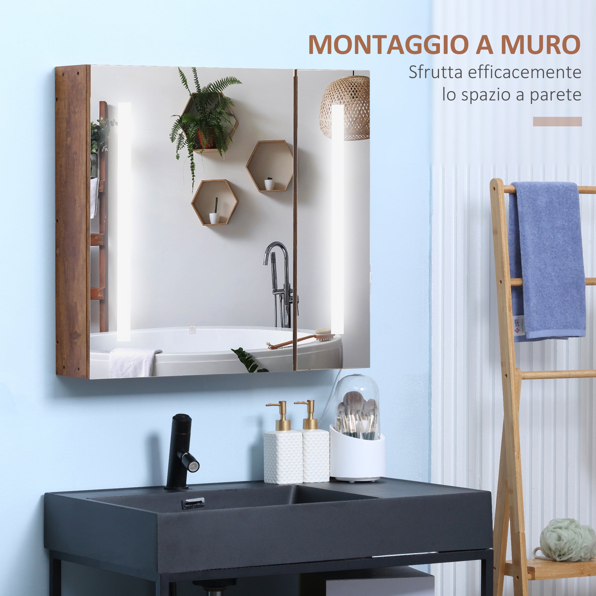 kleankin Bathroom Mirror with Adjustable LED Lights, 2 Doors and Adjustable Shelf, 70x15x65cm, Brown - Borgè