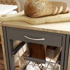Kitchen Trolley with 3 Baskets, Drawer and 2 Flaps, in Wood and Metal, 37x37x77.5 cm, Grey and Oak