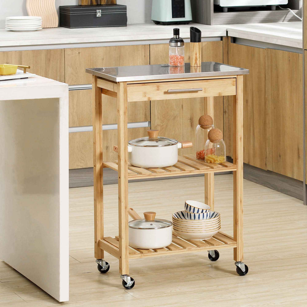 HOMCOM Bamboo Kitchen Cart with Stainless Steel Top, Drawer and Slatted Shelves, Wood