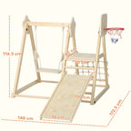 AIYAPLAY 5-in-1 Folding Climbing Game with Slide, 2 Walls, Swing and Basketball Hoop, Wooden, 140x172.5x116.5 cm