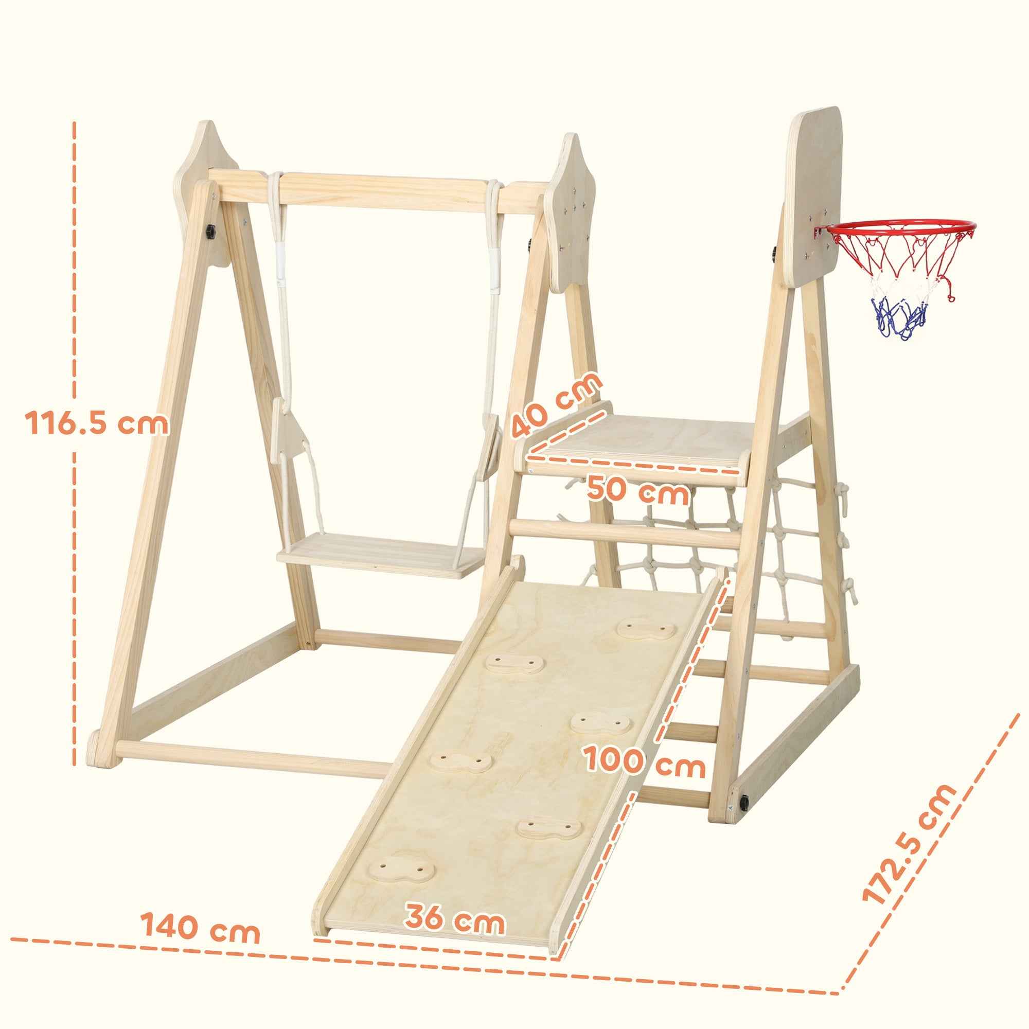 AIYAPLAY 5-in-1 Folding Climbing Game with Slide, 2 Walls, Swing and Basketball Hoop, Wooden, 140x172.5x116.5 cm
