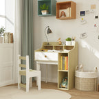 Kids Desk and Chair Set Wooden with Shelf and Drawer, Ages 3-10 Years, White and Wood