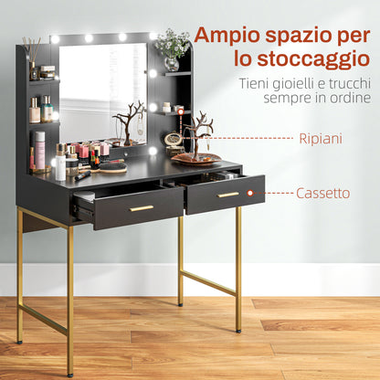 Vanity Dressing Table with 2 Drawers, 6 Shelves, Mirror and Stool, in Wood and Steel, 90x45x132.5 cm, Black