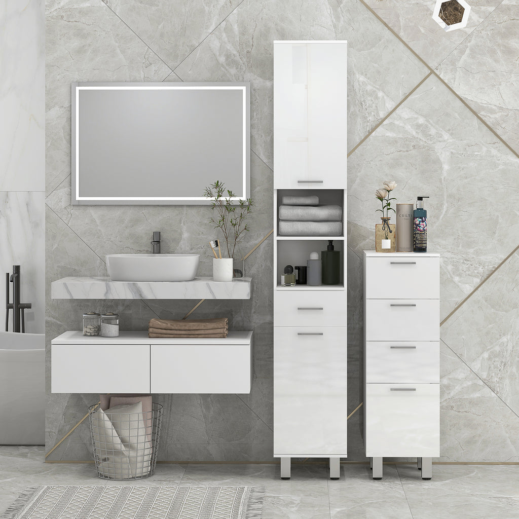 kleankin Bathroom Column with Drawer, 2 Open Shelves and 2 Double-Tier Cabinets, Made of Wood, 30x30x180 cm, Gloss White