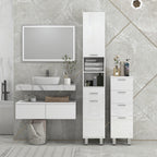 kleankin Bathroom Column with Drawer, 2 Open Shelves and 2 Double-Tier Cabinets, Made of Wood, 30x30x180 cm, Gloss White