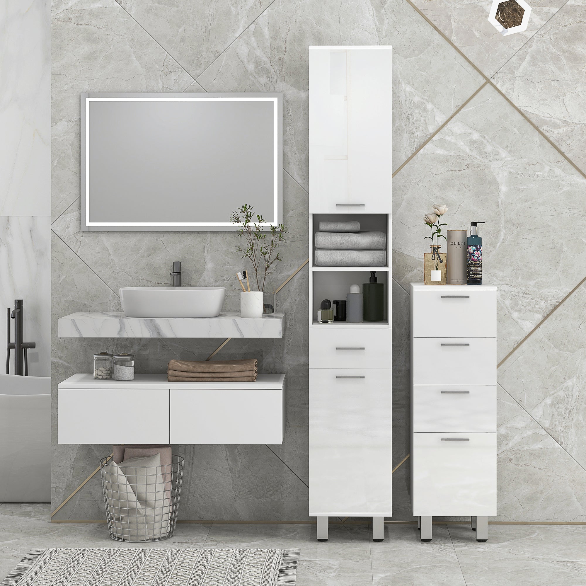 kleankin Bathroom Column with Drawer, 2 Open Shelves and 2 Double-Tier Cabinets, Made of Wood, 30x30x180 cm, Gloss White
