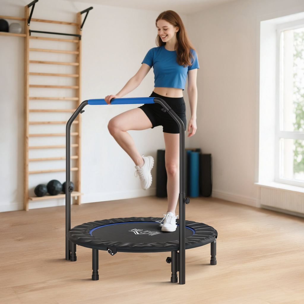 HOMCOM Mini Fitness Trampoline Ø114 cm Foldable with Height-Adjustable Handlebar, Blue and Black