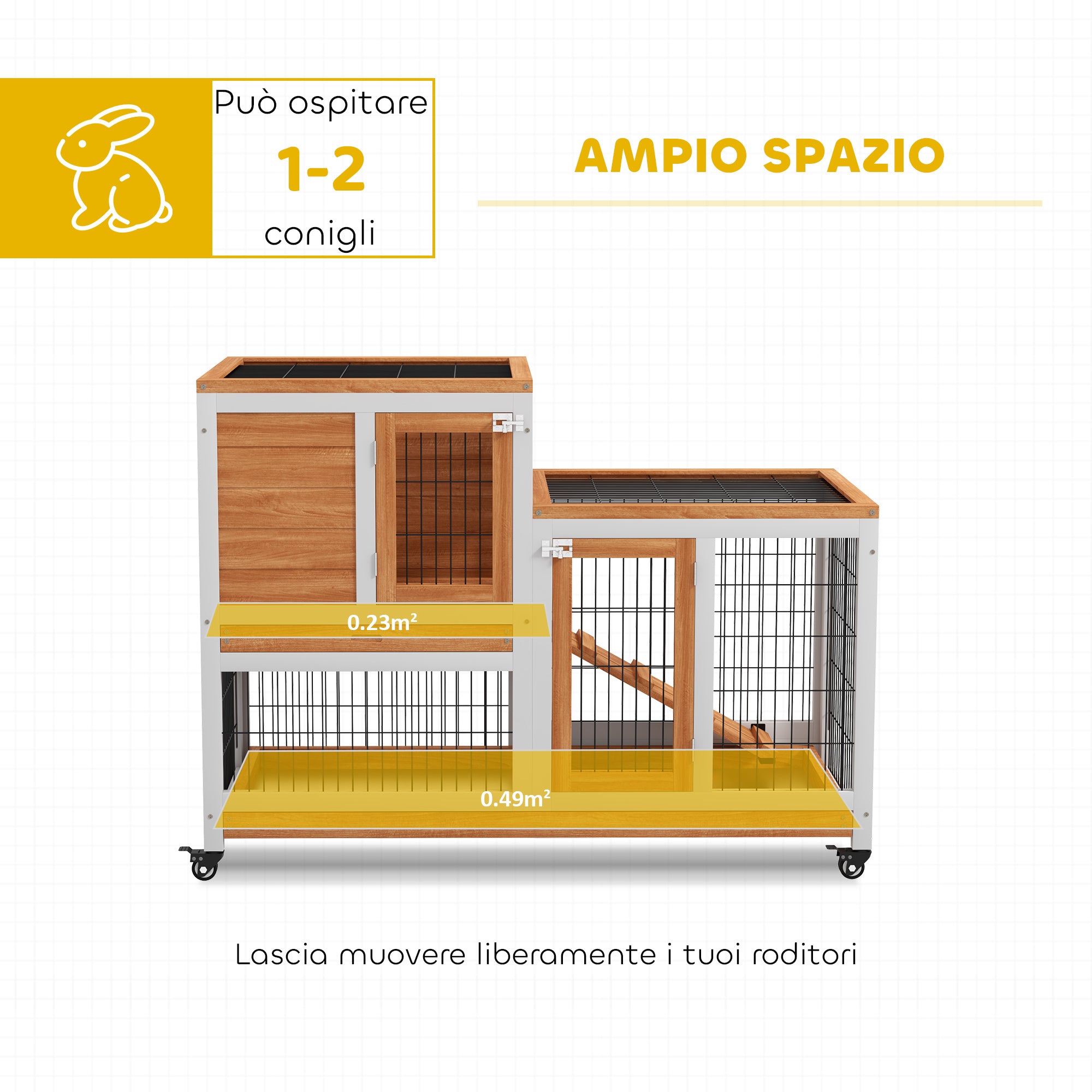 PawHut Wooden Rabbit Hutch with Wheels, Removable Trays and House with Ramp, 110x50x88 cm, Yellow and White