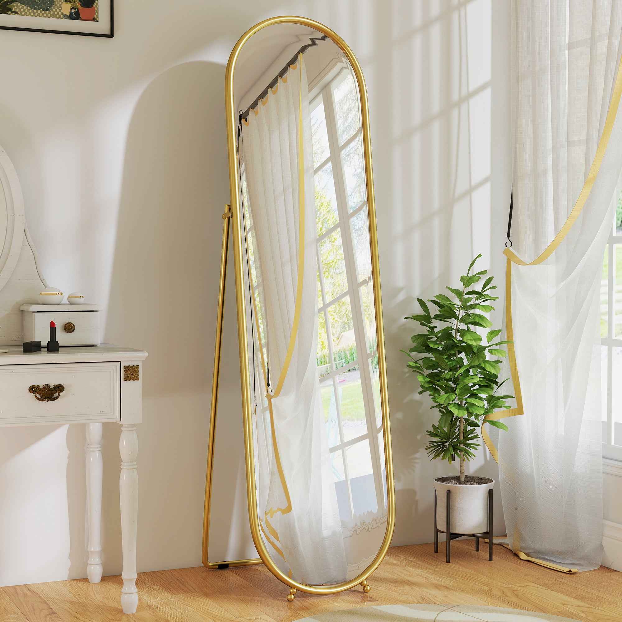 HOMCOM Full-Length Floor Mirror with Folding Stand, Glass and Metal, 50x4x180 cm, Gold