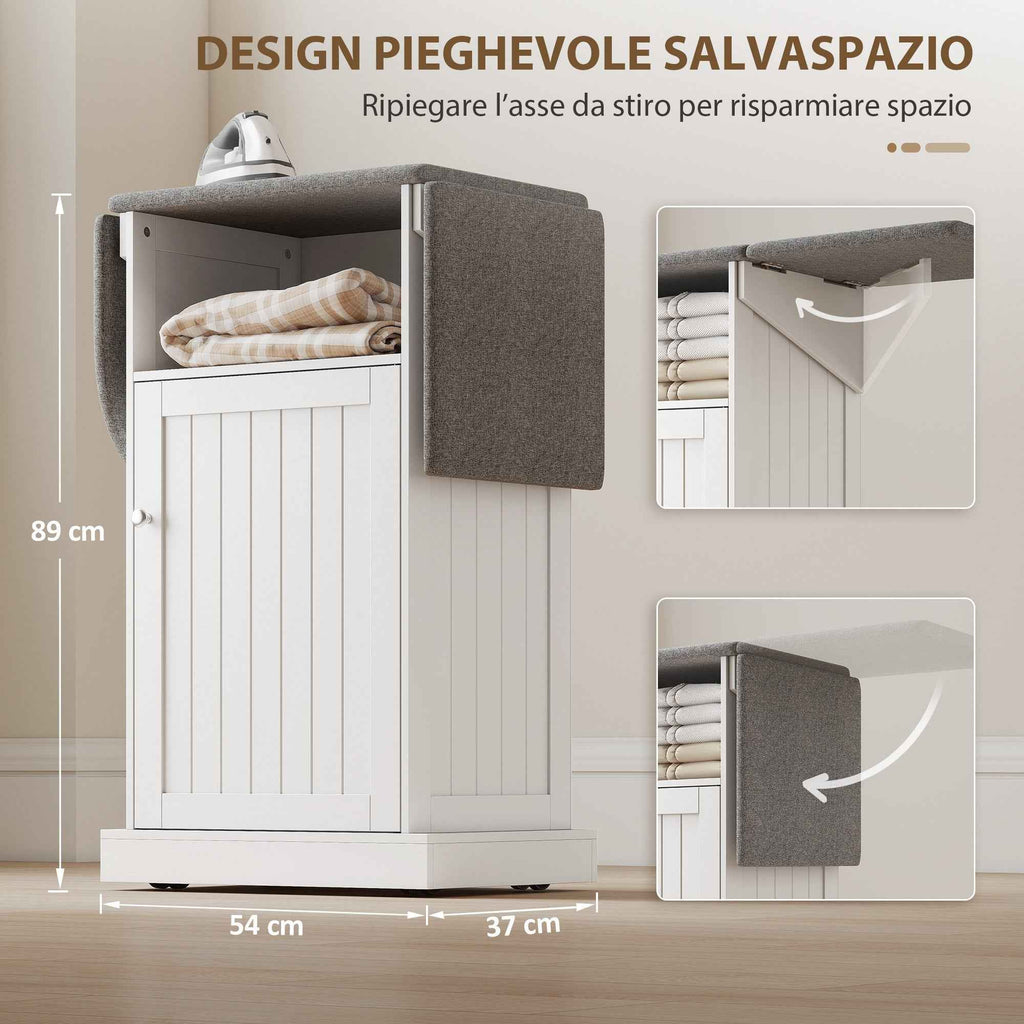 Folding Ironing Board with Wheels, Open Shelf and Cabinet, 121 x 37 x 89 cm, White and Grey
