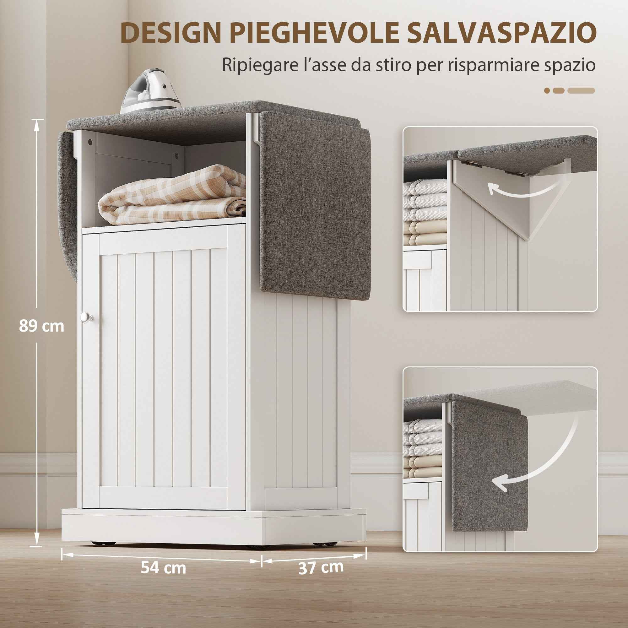 Folding Ironing Board with Wheels, Open Shelf and Cabinet, 121 x 37 x 89 cm, White and Grey