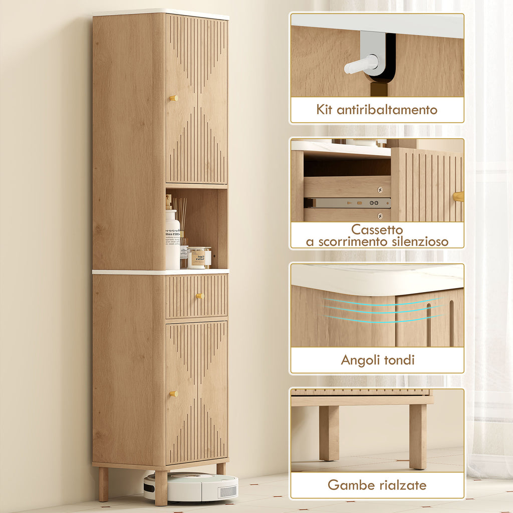 Bathroom Cabinet with Drawer, 2 Cabinets and Adjustable Shelves, Marble Effect Shelf, 41.5x30x168 cm, Oak
