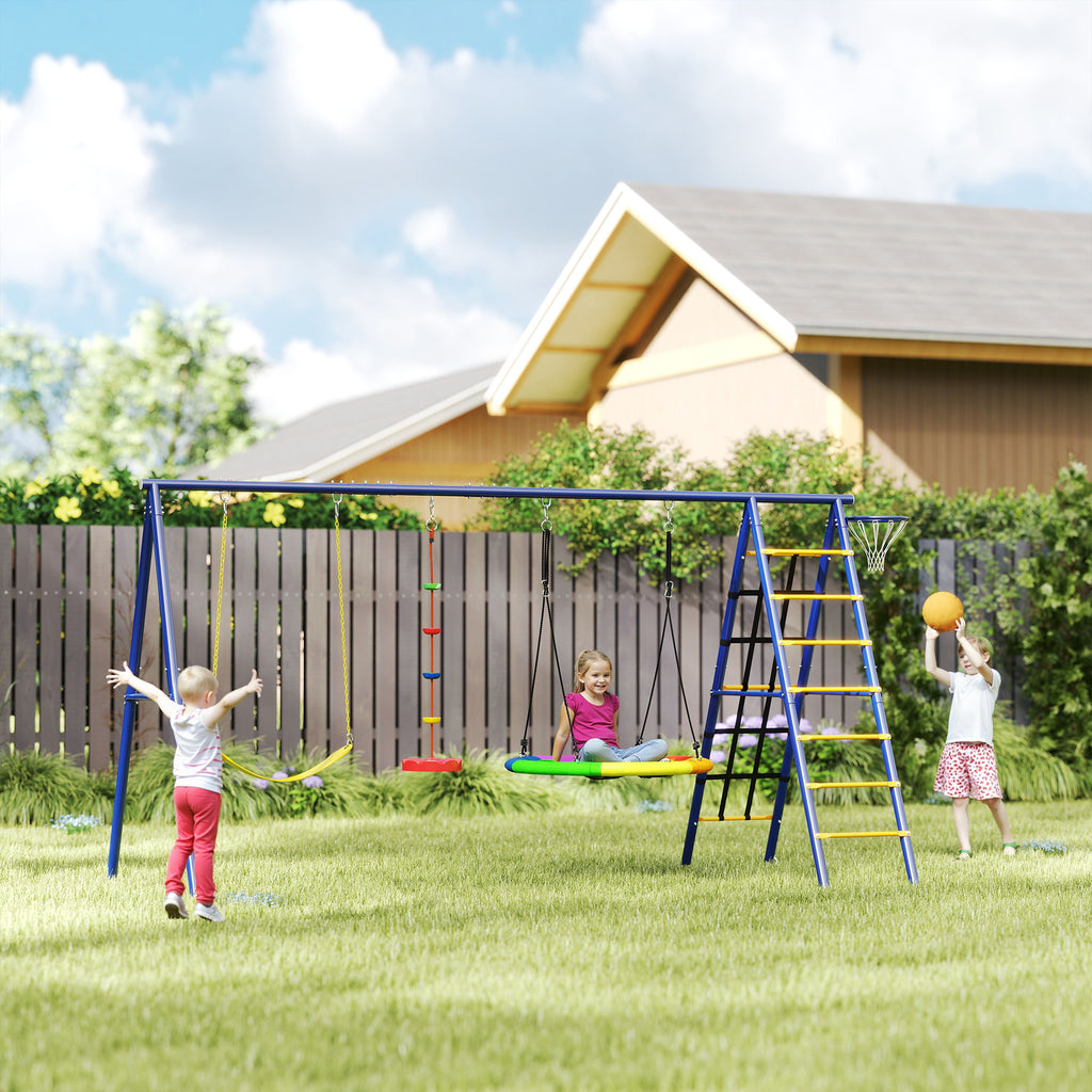 Children's Play Set 3-8 Years with 3 Swings, Rope Ladder and Basketball Hoop, in Steel, PE and PP, 3.5x1.8x2 m
