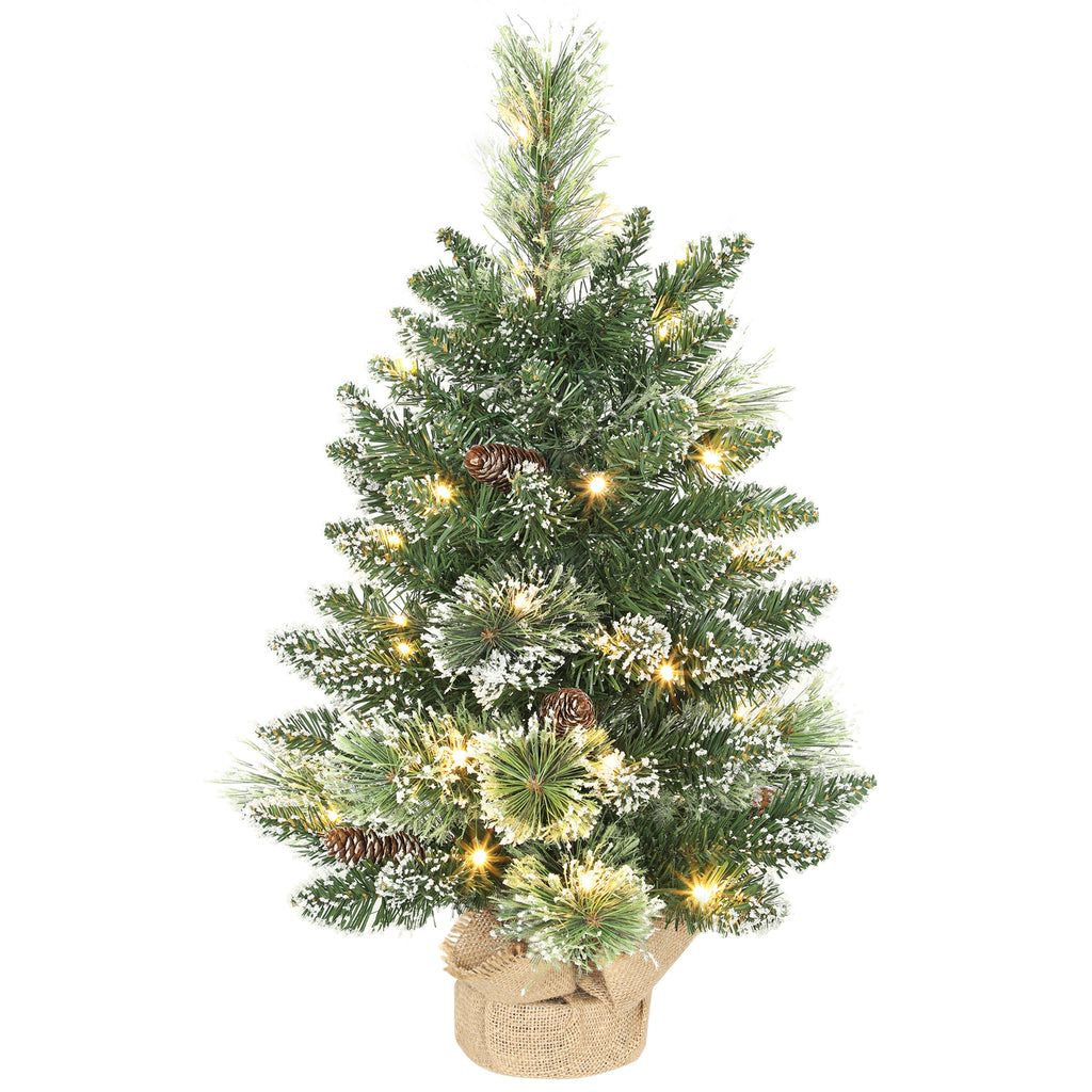 60cm Tall Small Christmas Tree with 35 White LED Lights, 64 Fireproof Branches with Pine Cones, Green