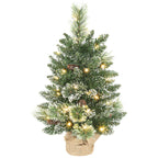 60cm Tall Small Christmas Tree with 35 White LED Lights, 64 Fireproof Branches with Pine Cones, Green
