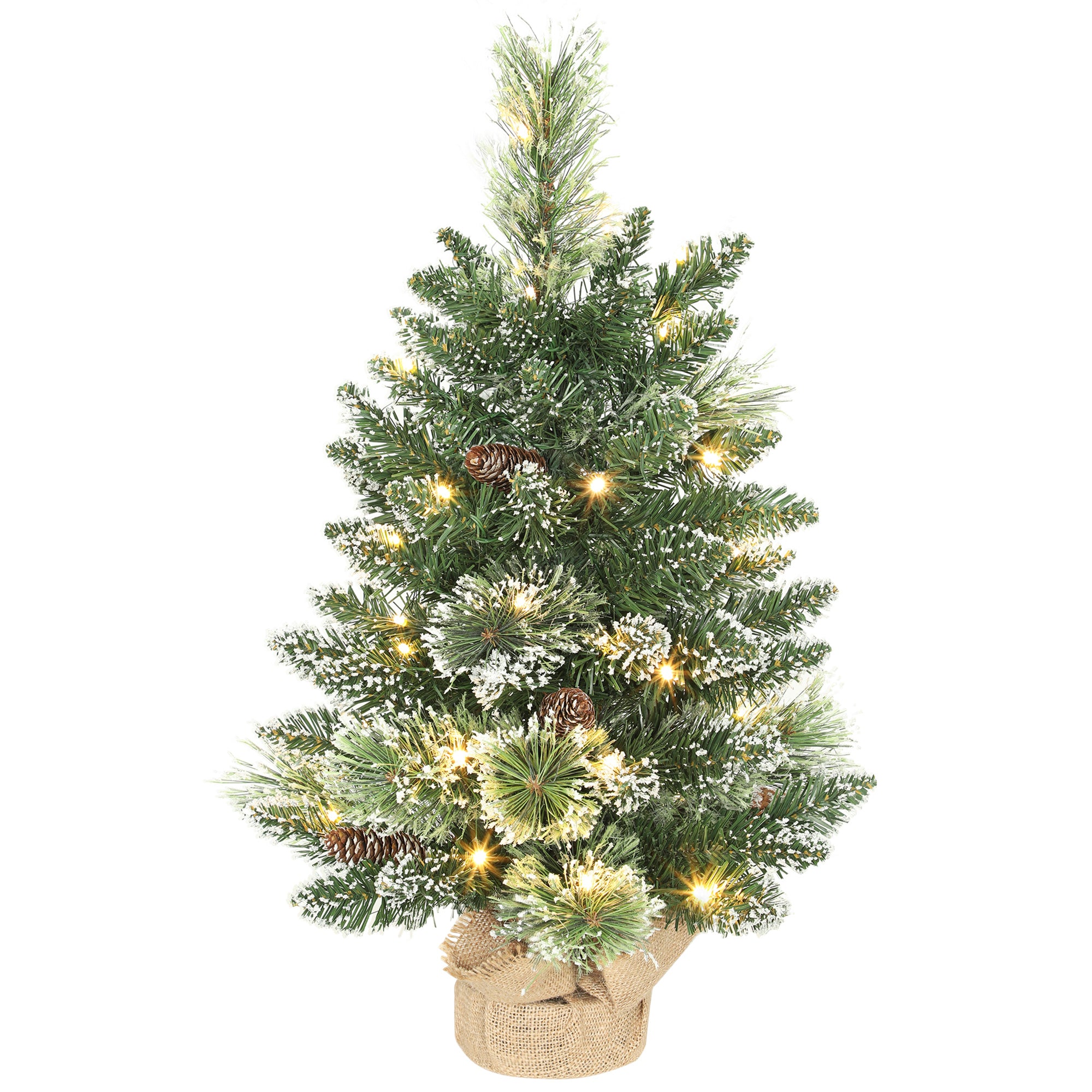 60cm Tall Small Christmas Tree with 35 White LED Lights, 64 Fireproof Branches with Pine Cones, Green