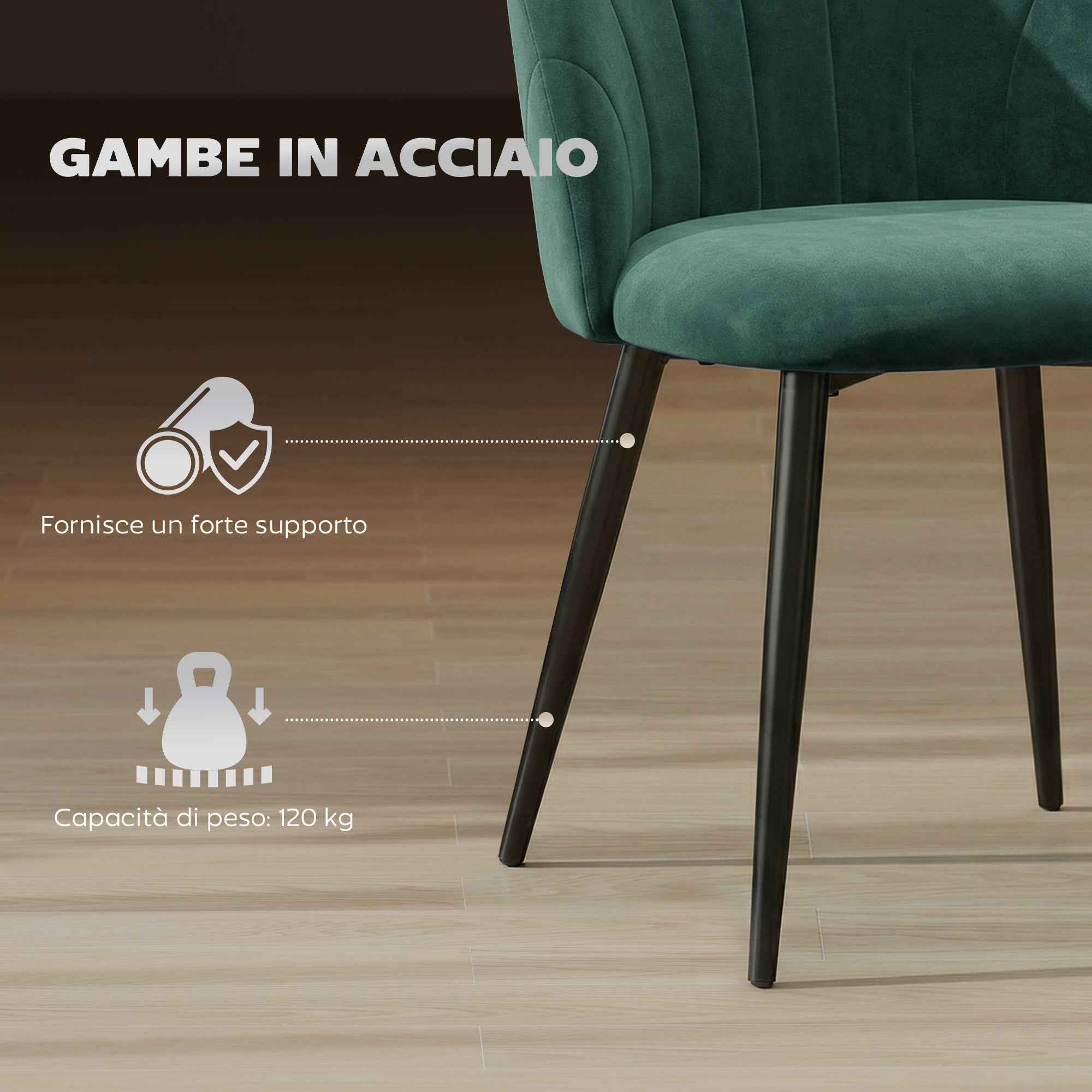 HOMCOM Set of 2 Velvet Shell-Back Dining Chairs, 52 x 55 x 79 cm, Dark Green
