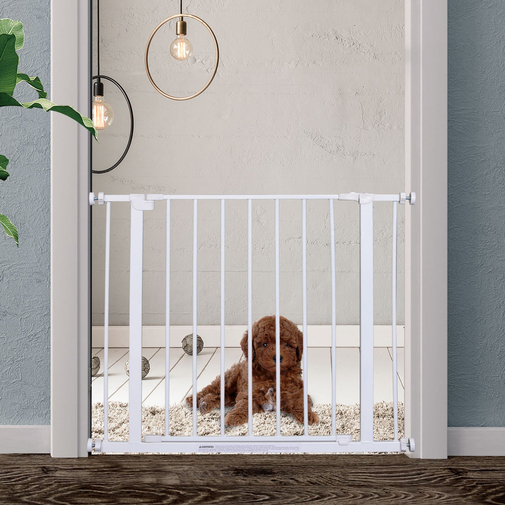 Expandable Pet Safety Gate Easy Installation with Pressure Mounts Heavy Duty Steel with a Powder Coated Finish White 76x76-82cm