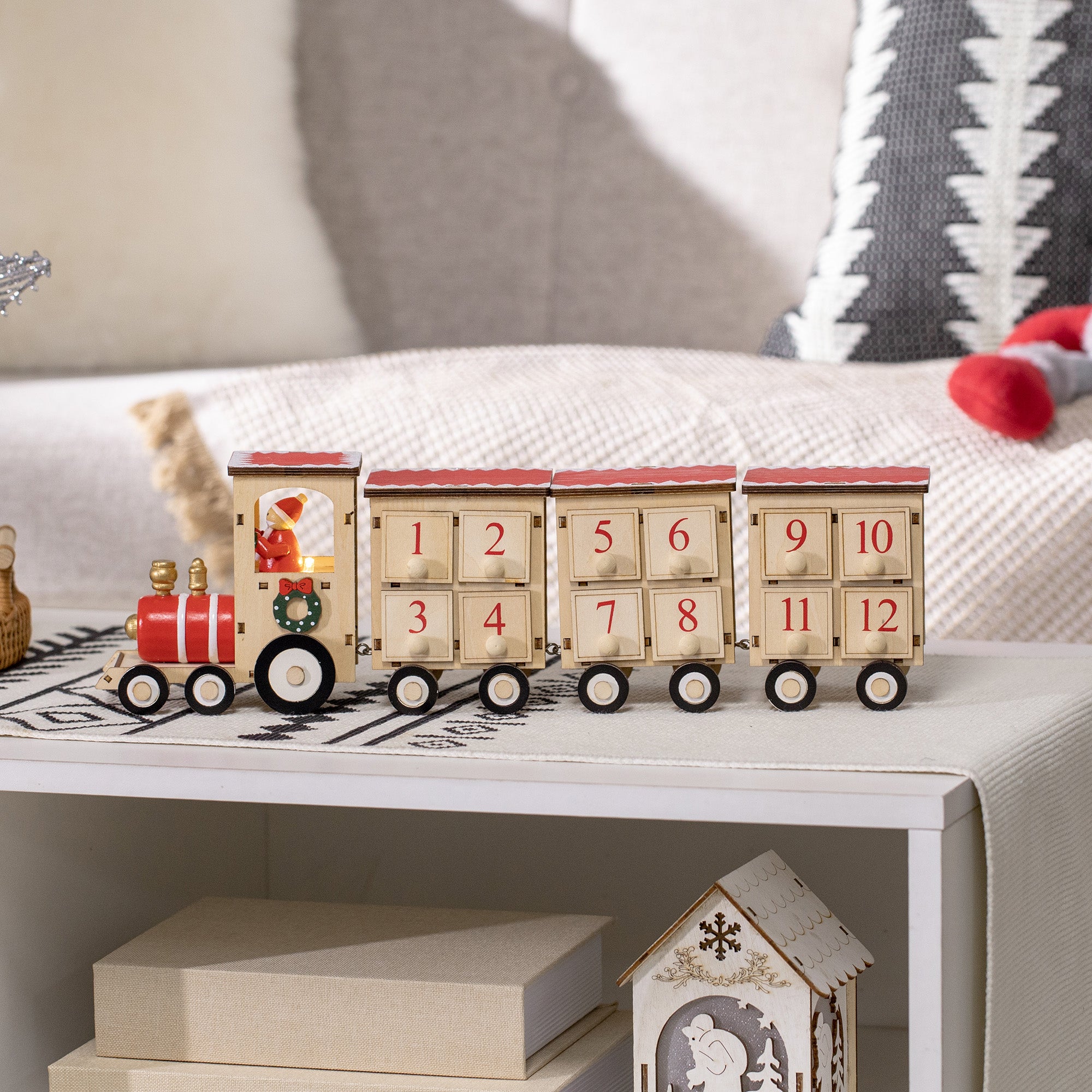 Christmas Advent Calendar Train with Santa Claus and LED Light Included, Plywood, 40x8x11 cm
