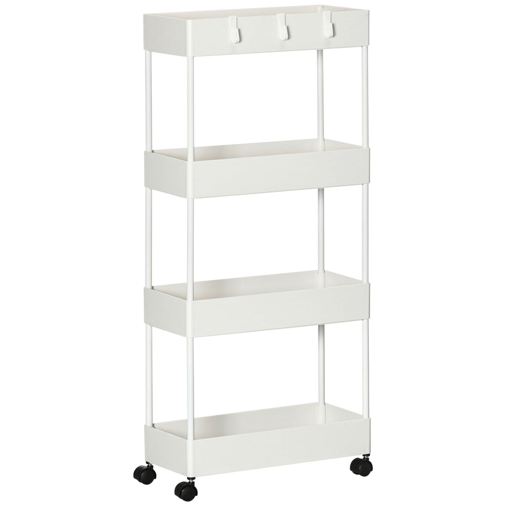 HOMCOM 4-Tier Kitchen Cart with Hooks, Steel and Plastic on Swivel Wheels for Living Room, Office and Laundry Room, 40x19x90 cm, White