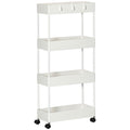 HOMCOM 4-Tier Kitchen Cart with Hooks, Steel and Plastic on Swivel Wheels for Living Room, Office and Laundry Room, 40x19x90 cm, White