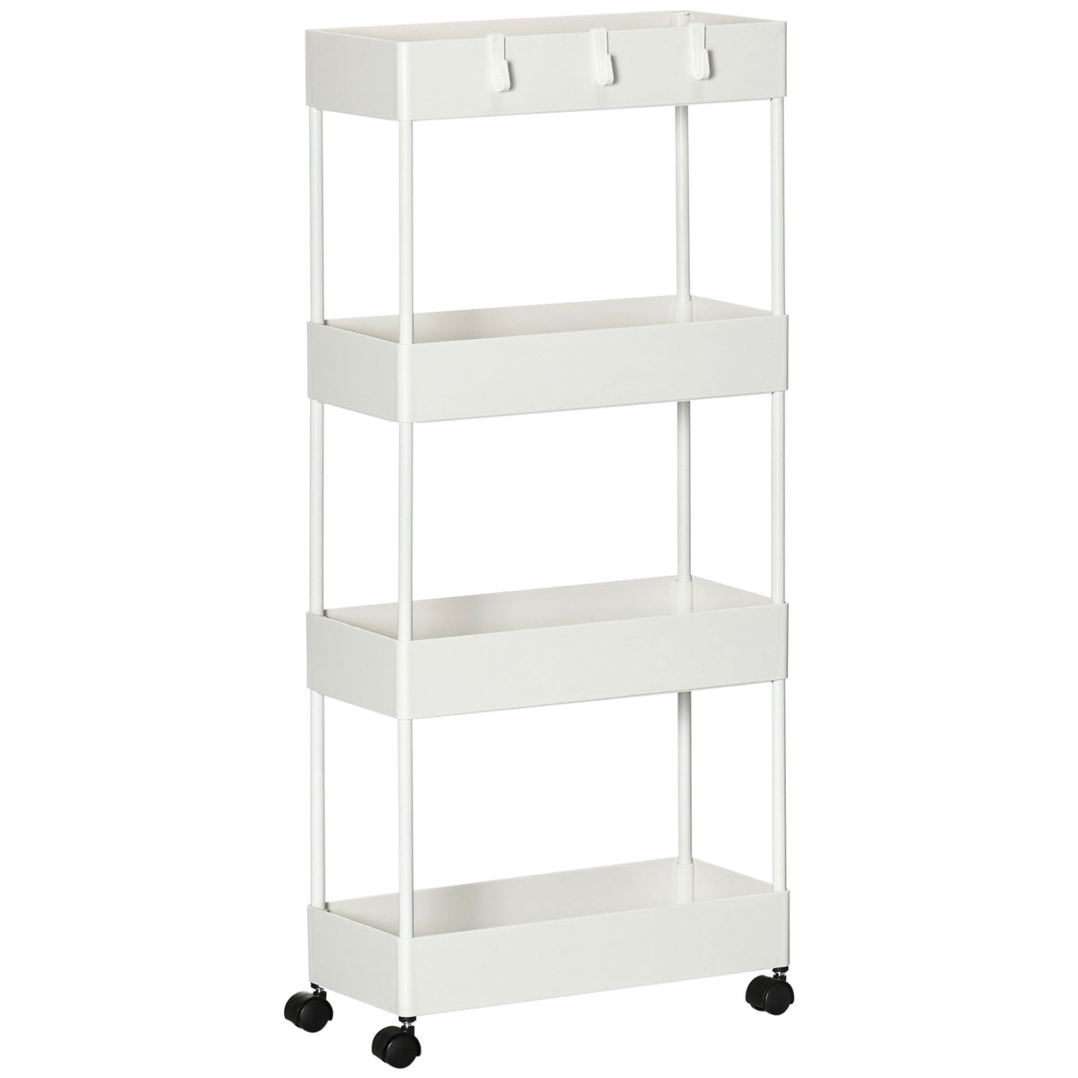 HOMCOM 4-Tier Kitchen Cart with Hooks, Steel and Plastic on Swivel Wheels for Living Room, Office and Laundry Room, 40x19x90 cm, White
