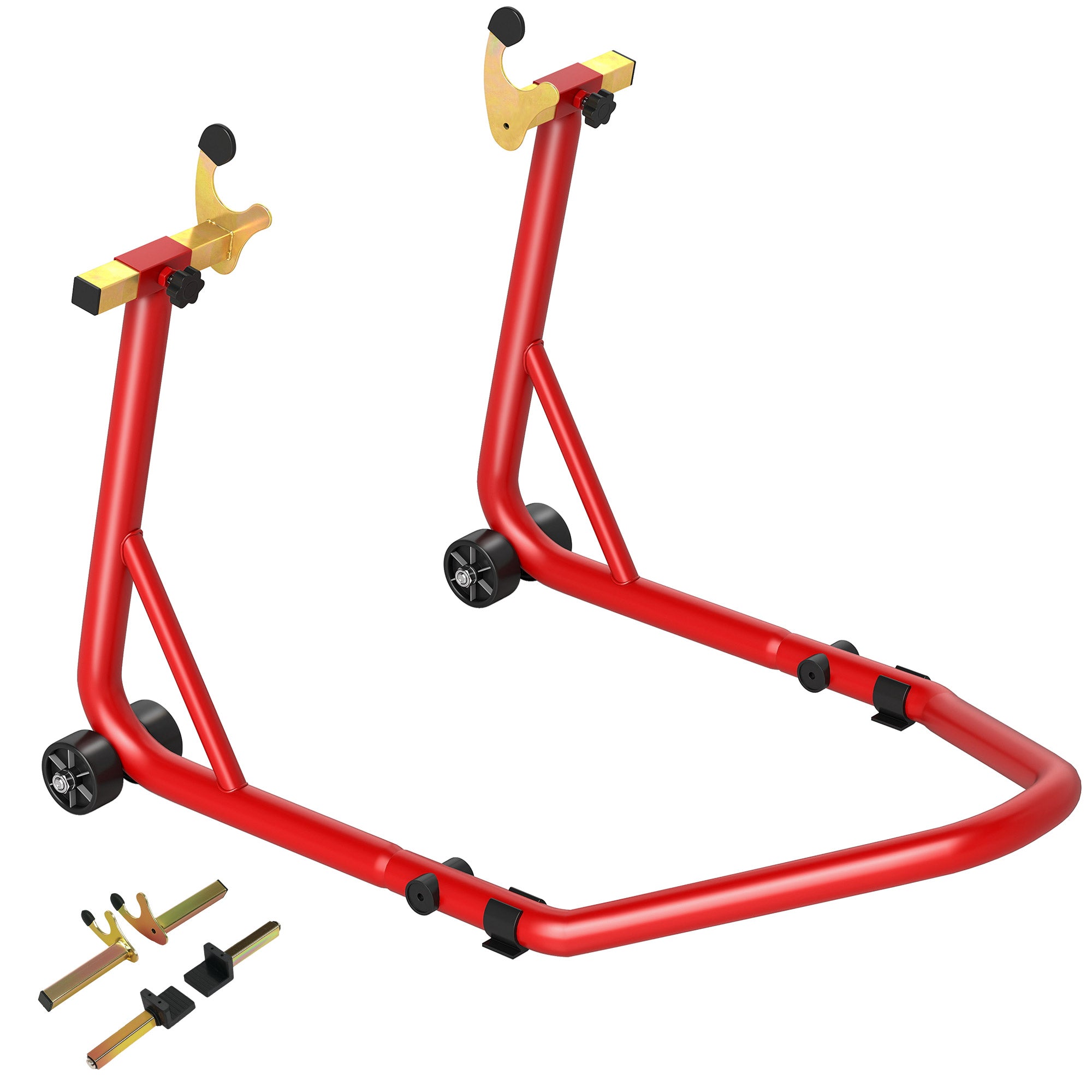 Motorcycle Stand with 544kg Capacity, Adjustable U- and L-Forks, Non-Slip Wheels and Pads, Red