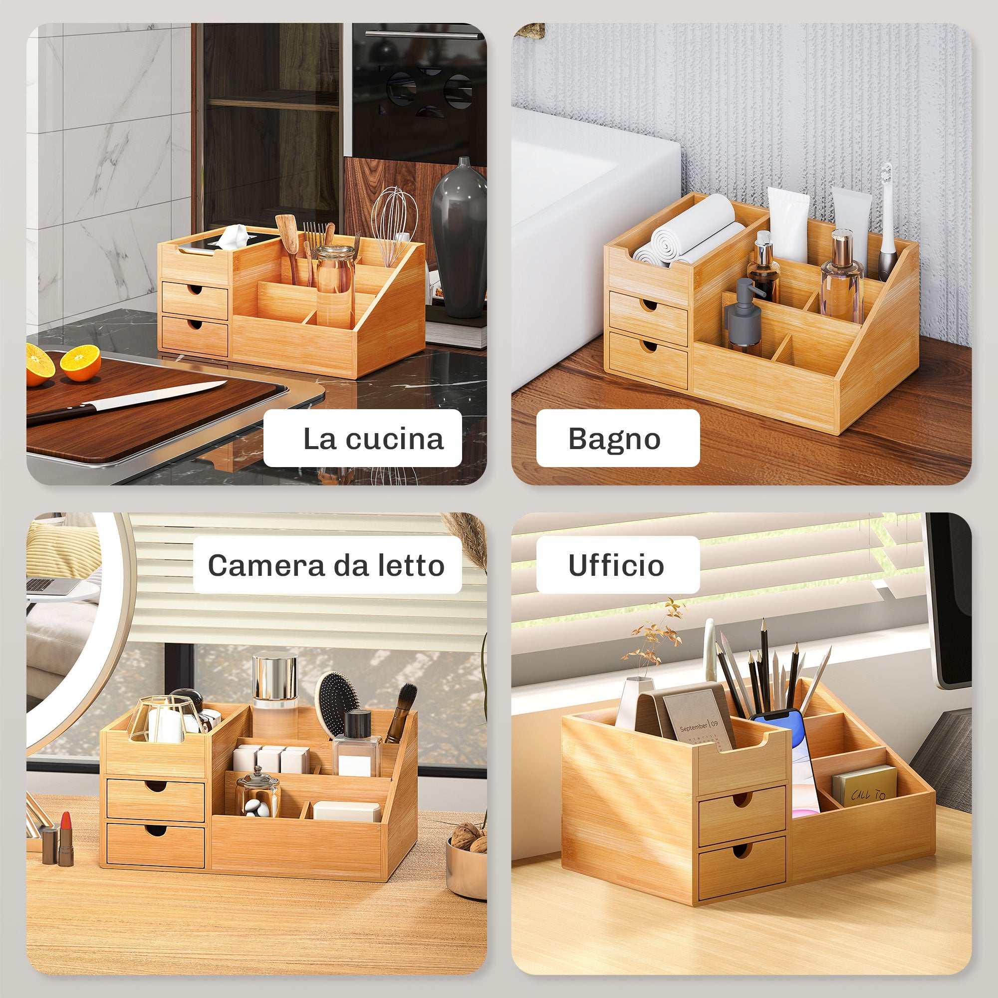 Bamboo Desk Organizer with 2 Drawers and 7 Compartments, 33x20.5x15.5 cm