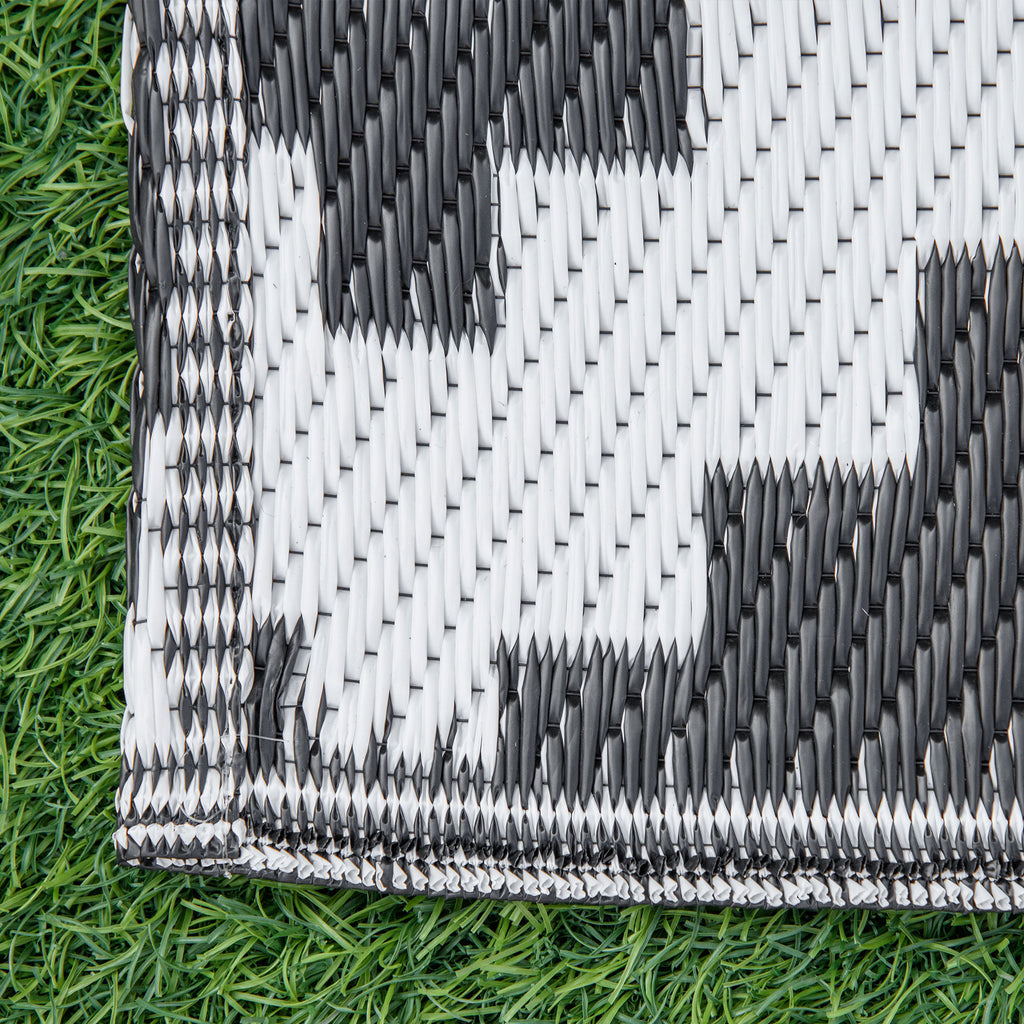 Reversible Geometric Pattern Outdoor Balcony and Terrace Rug, 2.74x1.82 m, Black and White